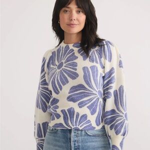 Marine Layer Alma Puff- Sleeve Sweater Blue White Floral Size M Cozy Bold Preppy